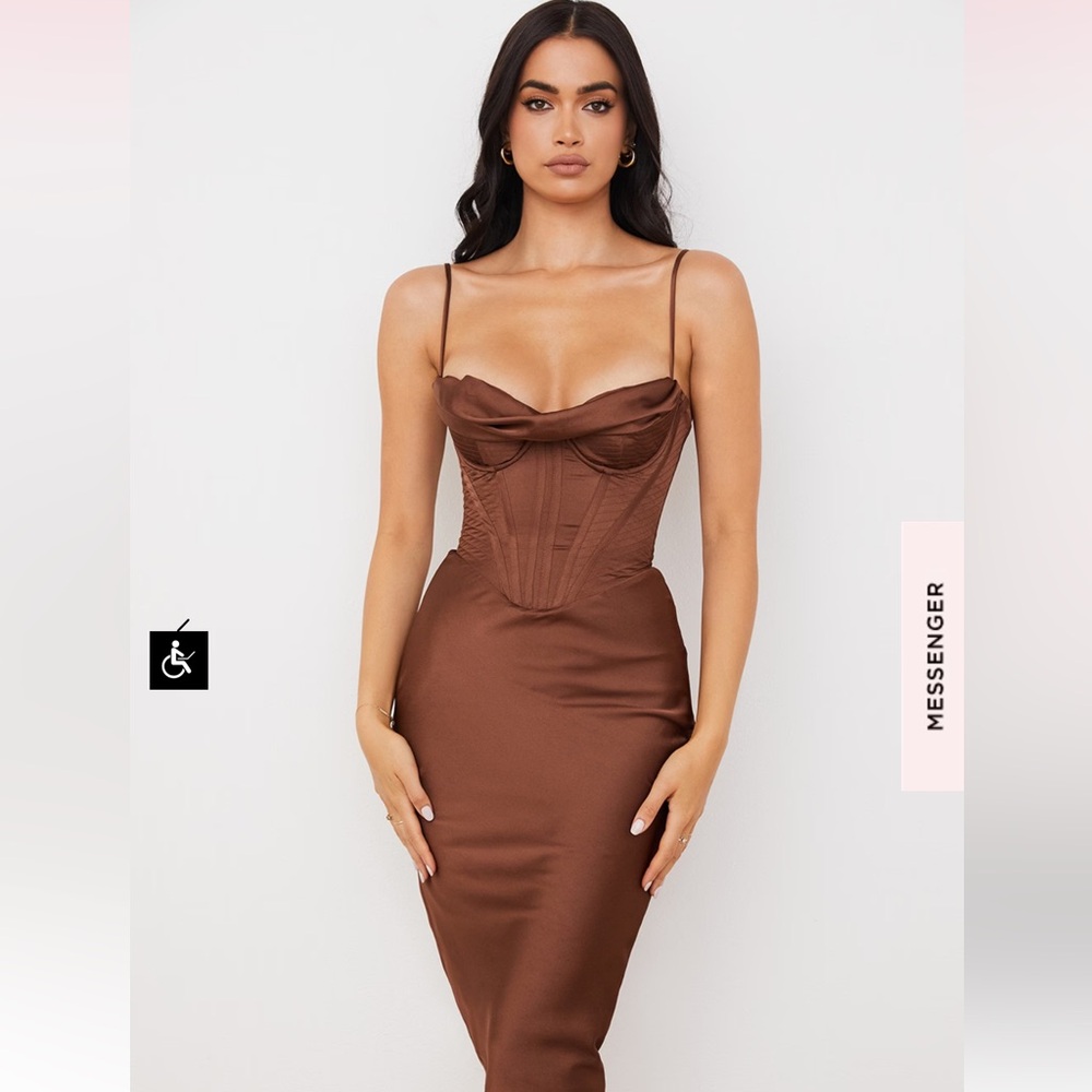 House of CB Myrna Dress, Chocolate Satin Corset Slip Dress, Size Large